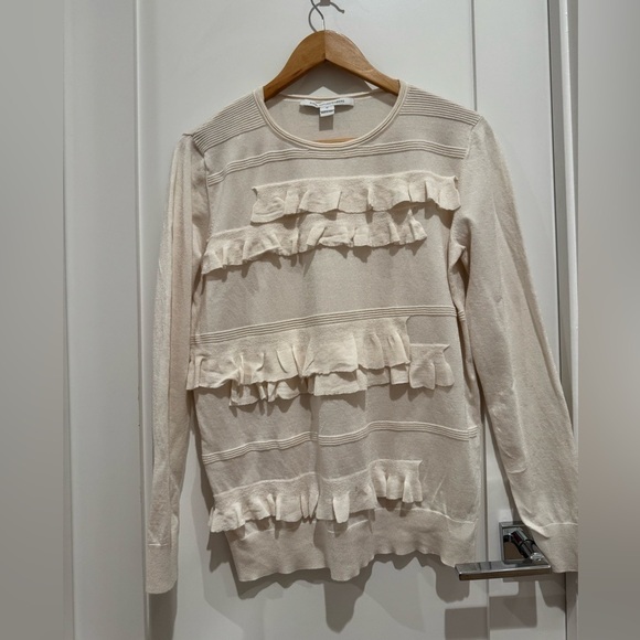 Diane von Furstenberg Benni Ruffled Merino Ivory Pullover Sweater L - Picture 6 of 9